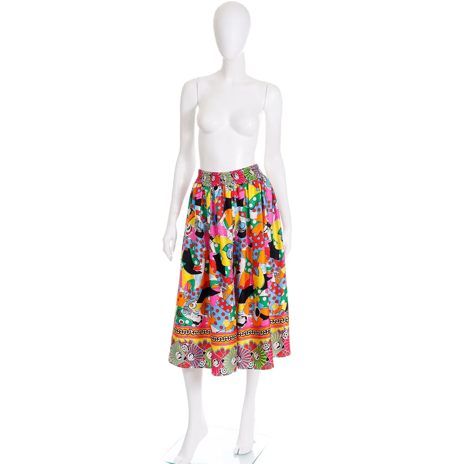 1980s Diane Freis Original Colorful Novelty Face Print Silk Skirt