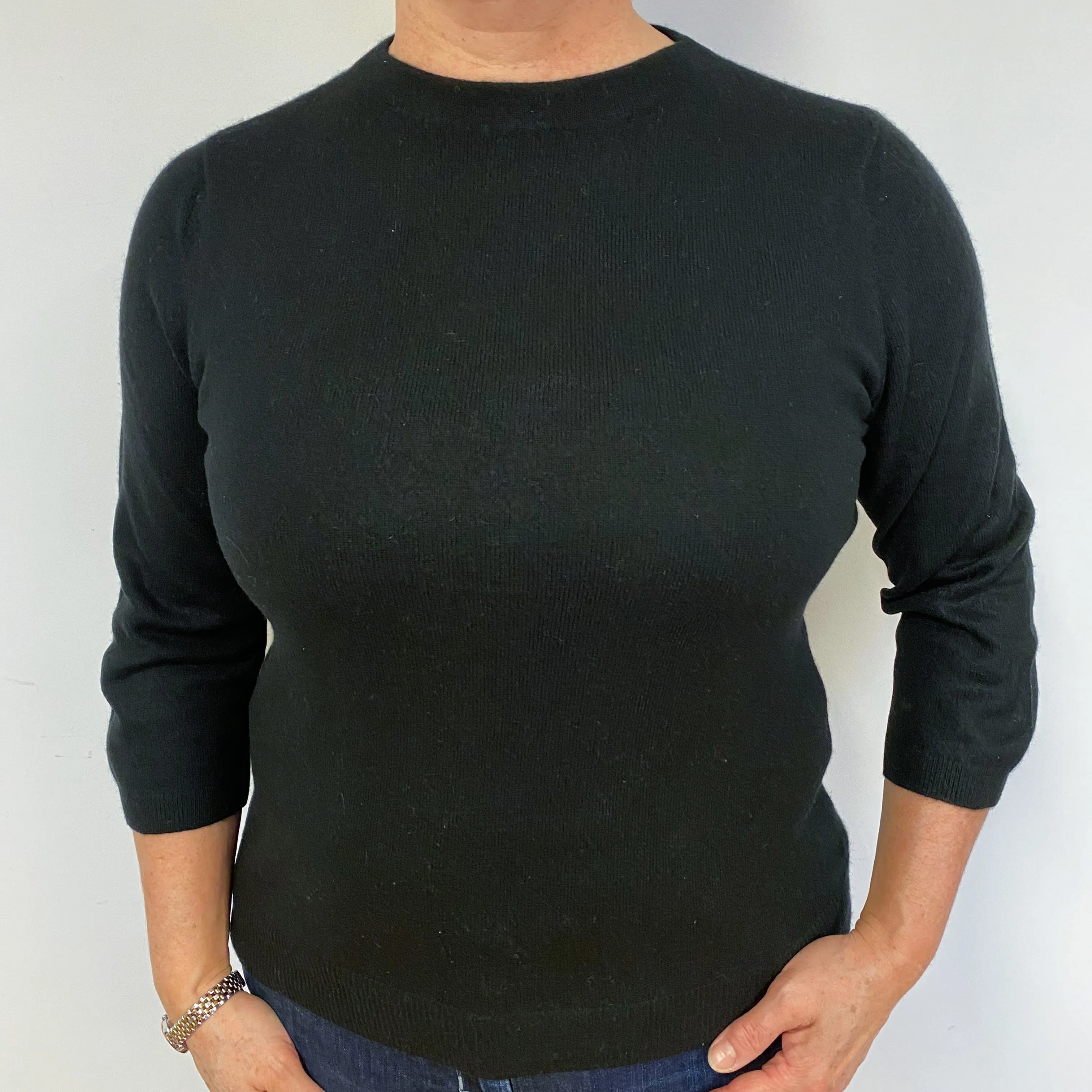 Black 3/4 length Sleeves  Cashmere Crew Neck Jumper Large