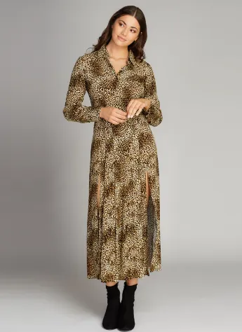 C'est Moi L/S Slit Button Down Dress - Animal Print