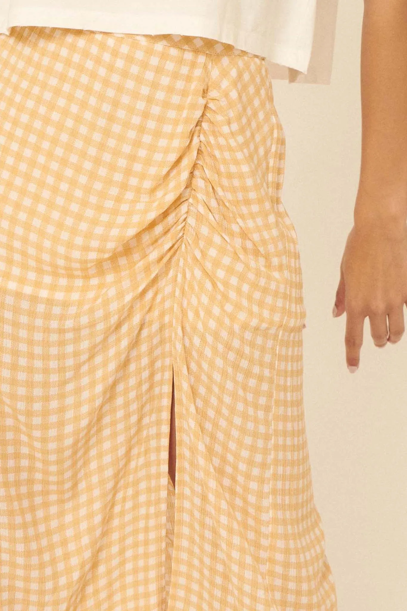 Delightful Days Ruched Gingham Midi Skirt