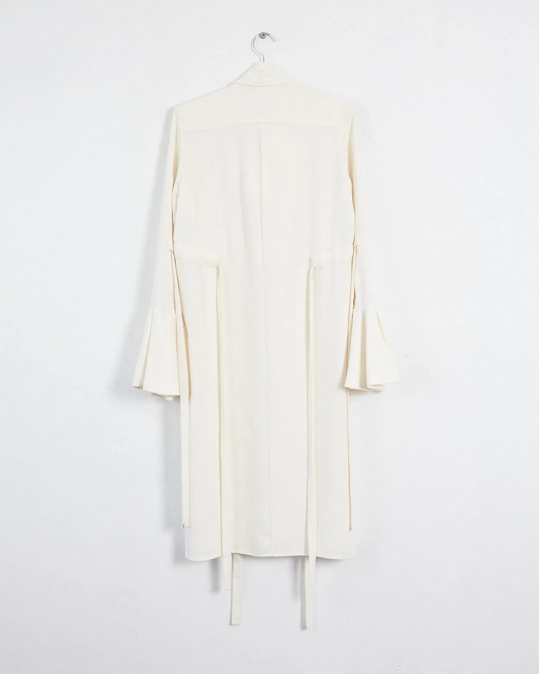 Ellery midi dress with necktie and fluted sleeves, cream, 6