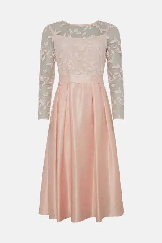 Embroidered Bodice Satin Skirt Dress