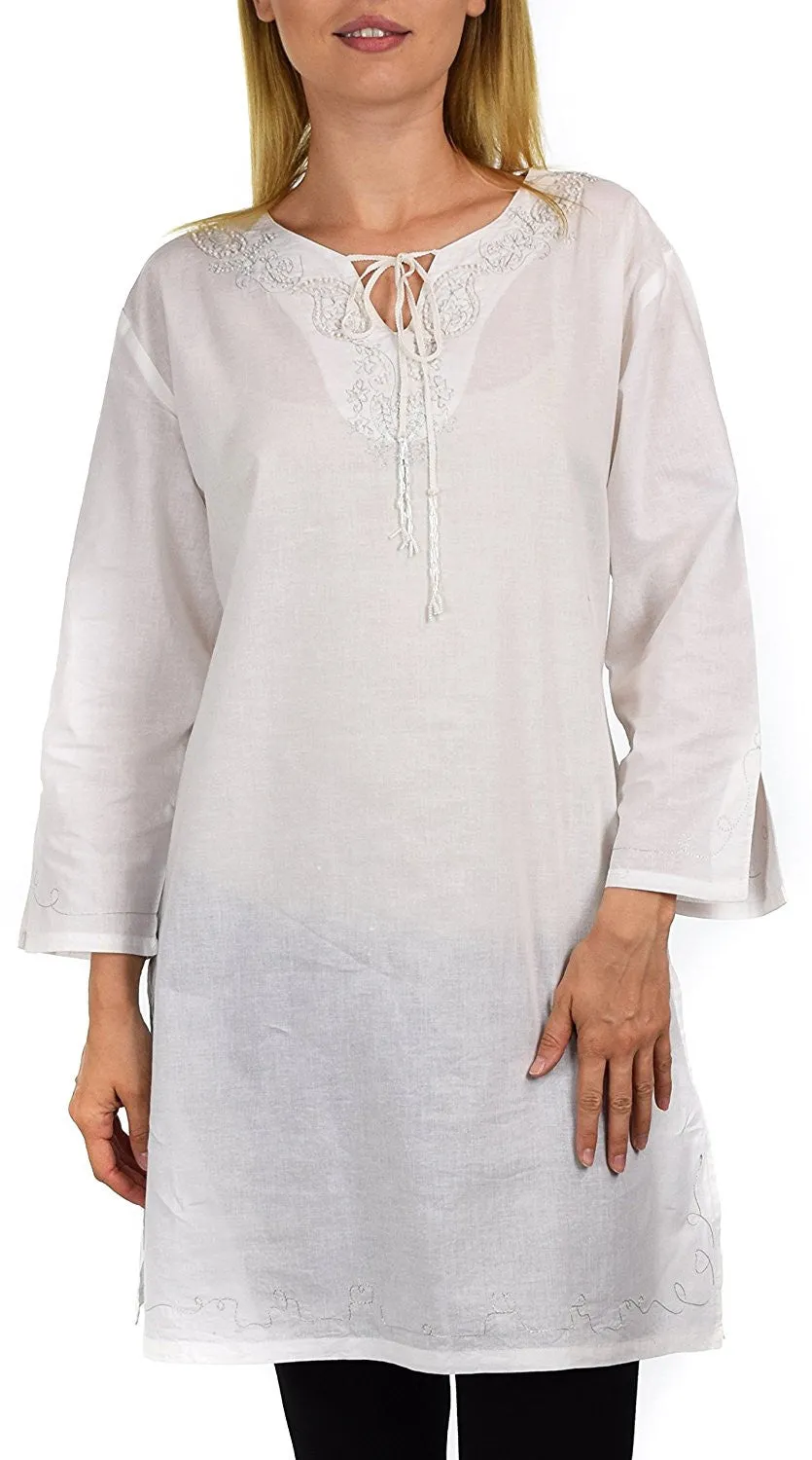 Embroidered Cotton Blouse, Women Cotton Tunic, Cotton Summer Tunic, Cotton Beach Wear,  Shirt Top w/ Drawstring Neck Reg and Plus Sizes