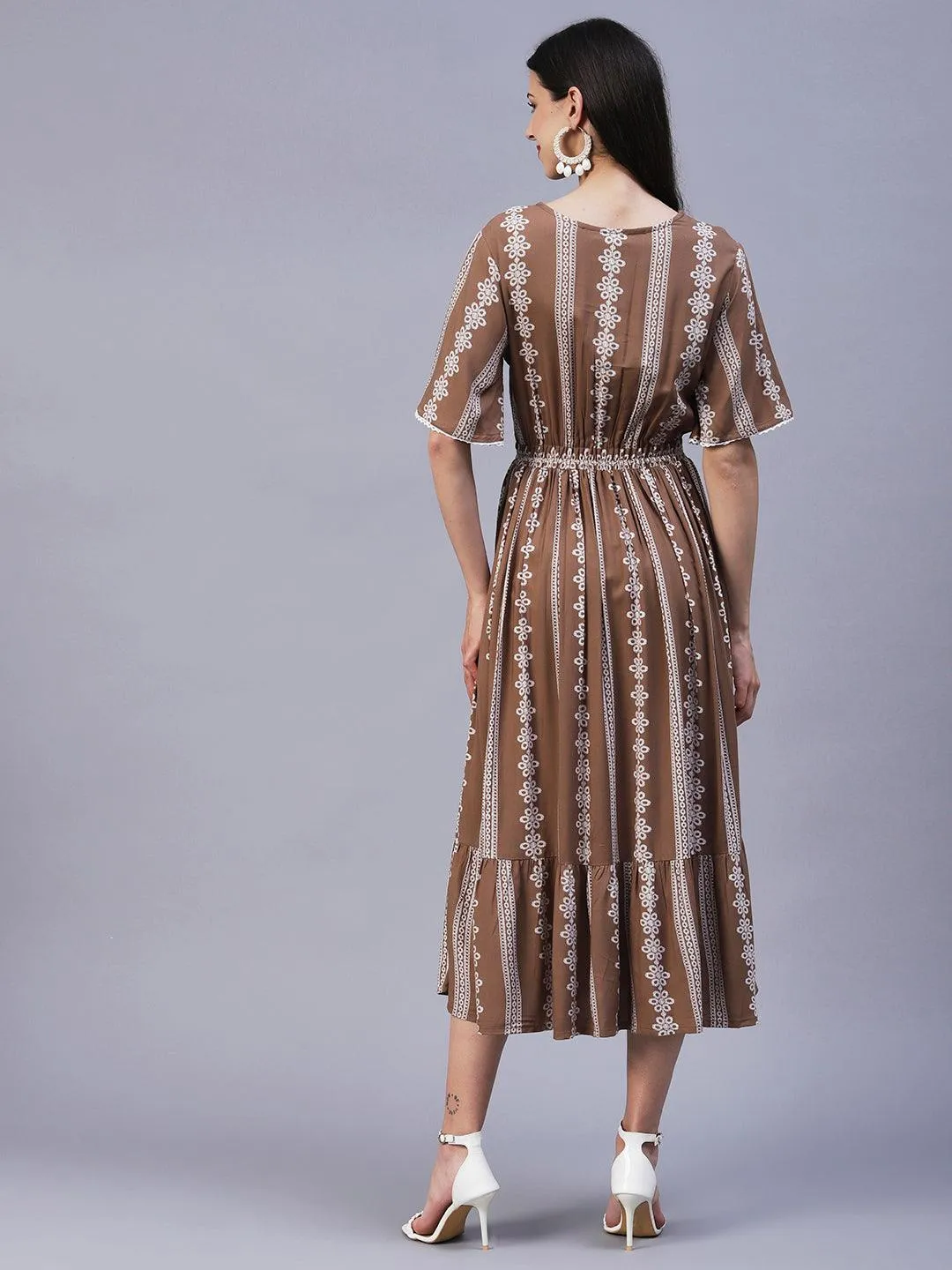 Ethnic Stripes Printed Fit & Flare Midi Dress - Brown