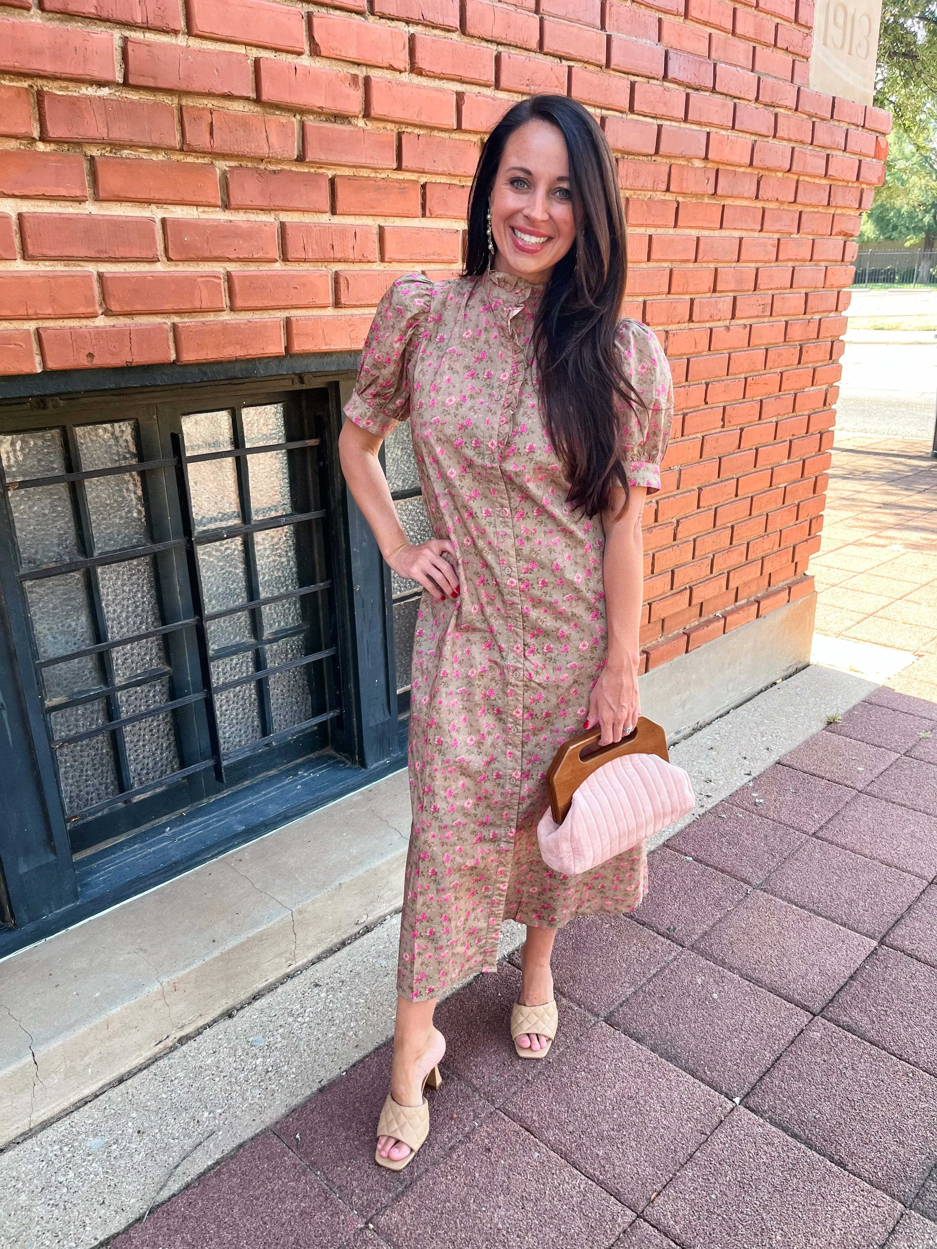 Floral Print High Neck Midi Dress- Camel