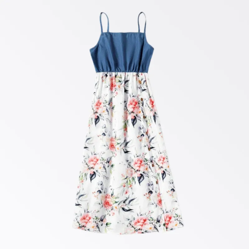 Floral Print Stitching Family Matching Navy Blue Sets