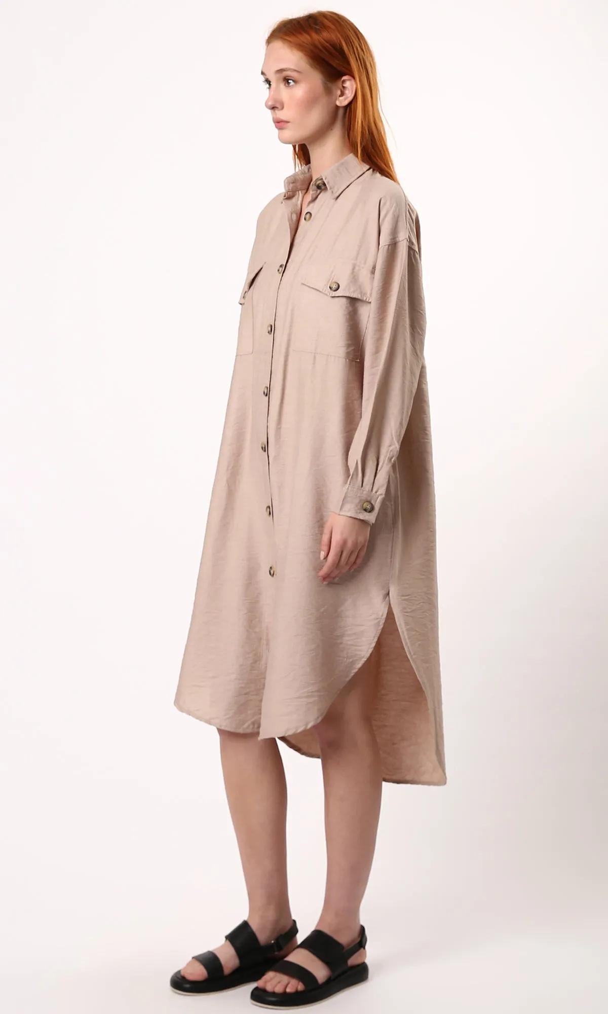 O179832 Coffee Textured Shirt Dress With Full Buttons