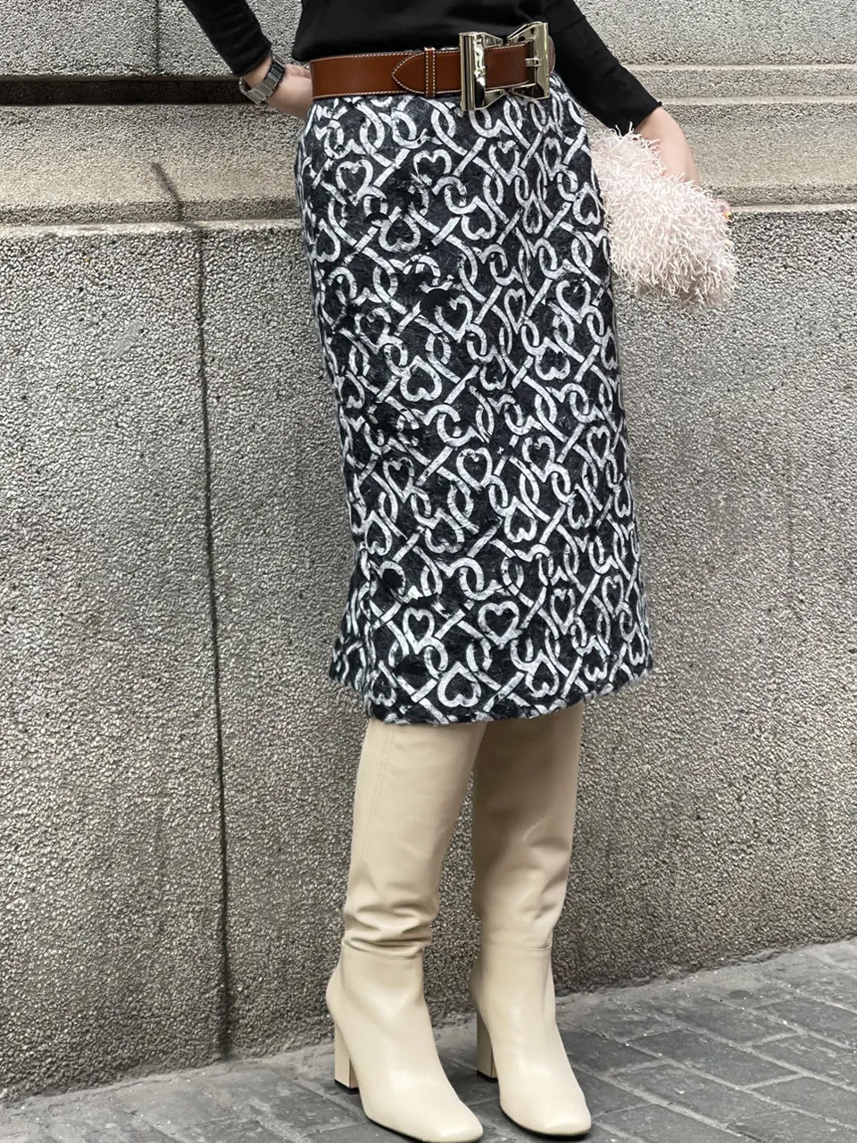 Surprise Sale! Furry Print Studded Pleat Back Straight Skirt